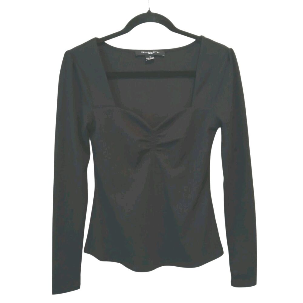 French‎ Connection Small Black Knit Top Long Sleeves Sweetheart Neckline Ribbed